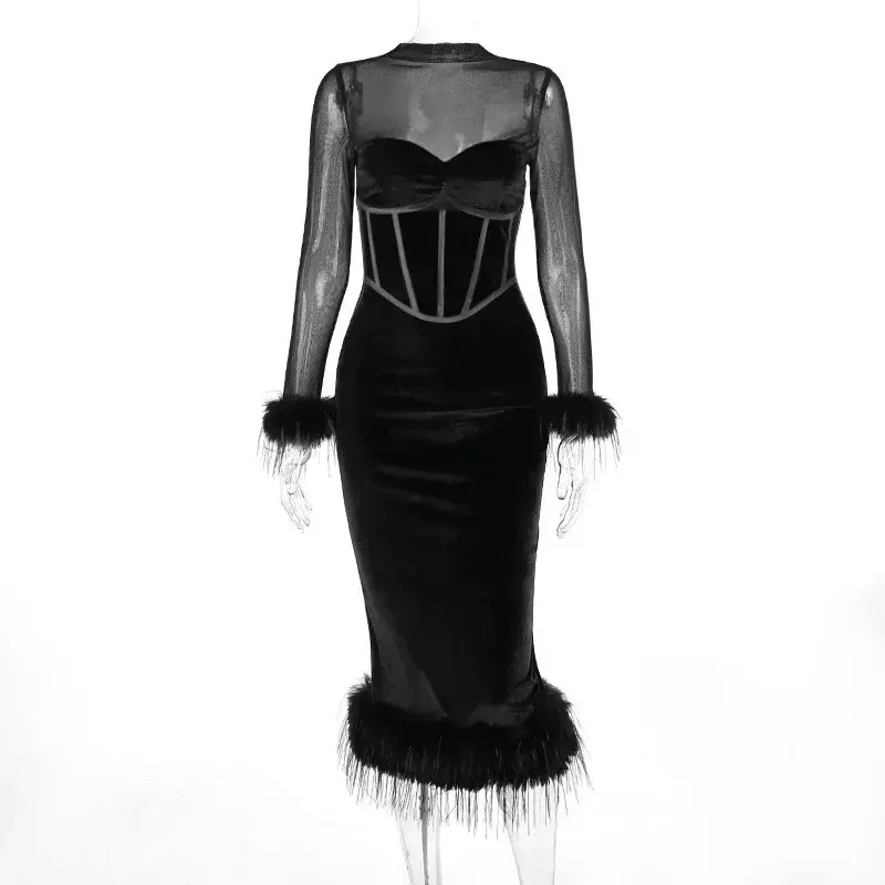 Mozision-elegante falda de plumas para mujer, vestido largo negro de manga Lisa transparente con Espalda descubierta, Bodycon para fiesta y Club, CSM2YL23648