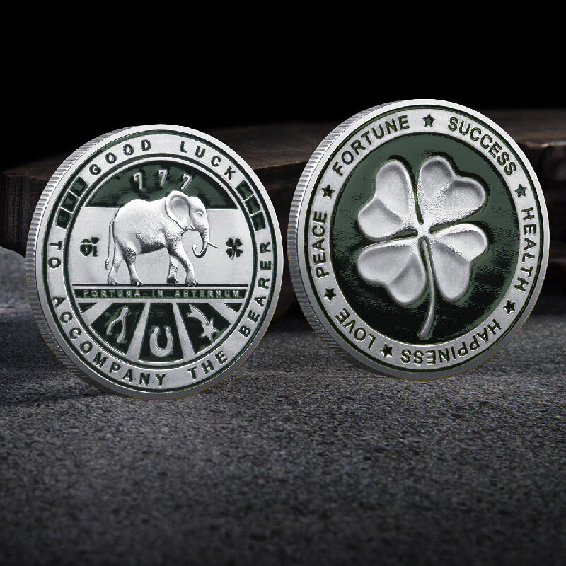 Monedas de colección de trébol de cuatro hojas de la suerte, Medalla Conmemorativa de elefante, artesanía de laca de Metal, monedas de oro