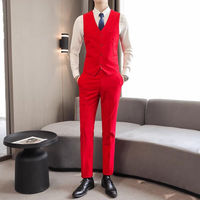 Chaleco sin mangas con cuello en V para hombre, conjunto de pantalones de talla asiática 6XL, color rojo brillante, verde, gris, negro, blanco y morado