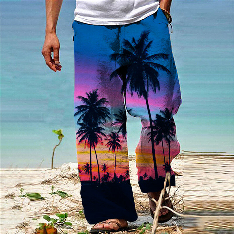 Men's Summer Fashion Wide Leg Pants Coconut Tree Print 3D Printed Loose Beach Pants Holiday Casual Wide Leg Pants