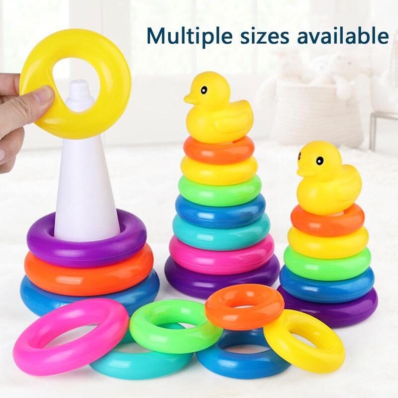 Torre de apilamiento de pato amarillo para niños pequeños, juguetes educativos Montessori, juguete de bañera de animales, Círculo de baño de apilamiento de arcoíris