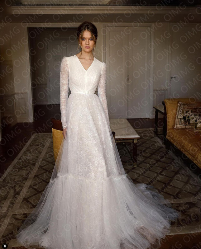 OIMG-Vintage Full Sleeves Lace Vestidos De Casamento, Sereia V Neck, Vestido De Noiva Formal, Formal Prom Vestidos