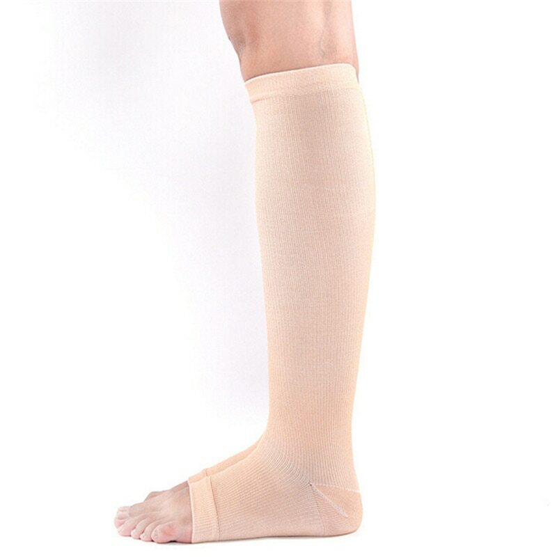 1 par de compressão nível apoio joelho ponta alta aberto meias varicosas médica elástico toeless meias