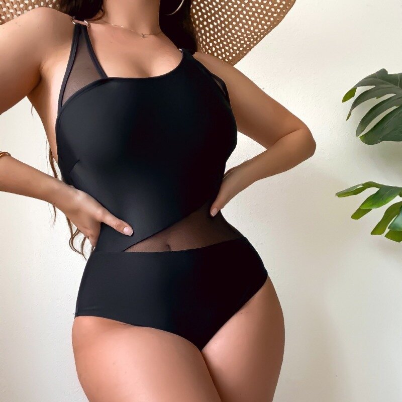 2024 sexy schwarze Mesh Patchwork Bade bekleidung Frauen Hohl Mesh Patchwork einteiligen Badeanzug Monokini rücken freien Badeanzug