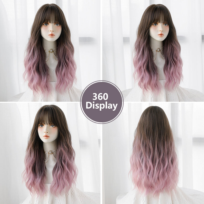 7JHH WIGS Lolita Wig Synthetic Body Wavy Ombre Purple Wigs with Dark Roots High Density Curly Hair Wigs with Bangs Costume Wig