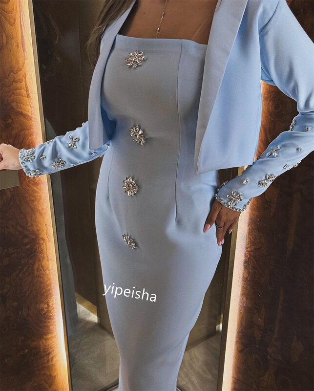 무도회 원피스 새틴 비즈 이브닝 A라인 스퀘어넥 맞춤형 드레스, 사우디 아라비아 미디 드레스