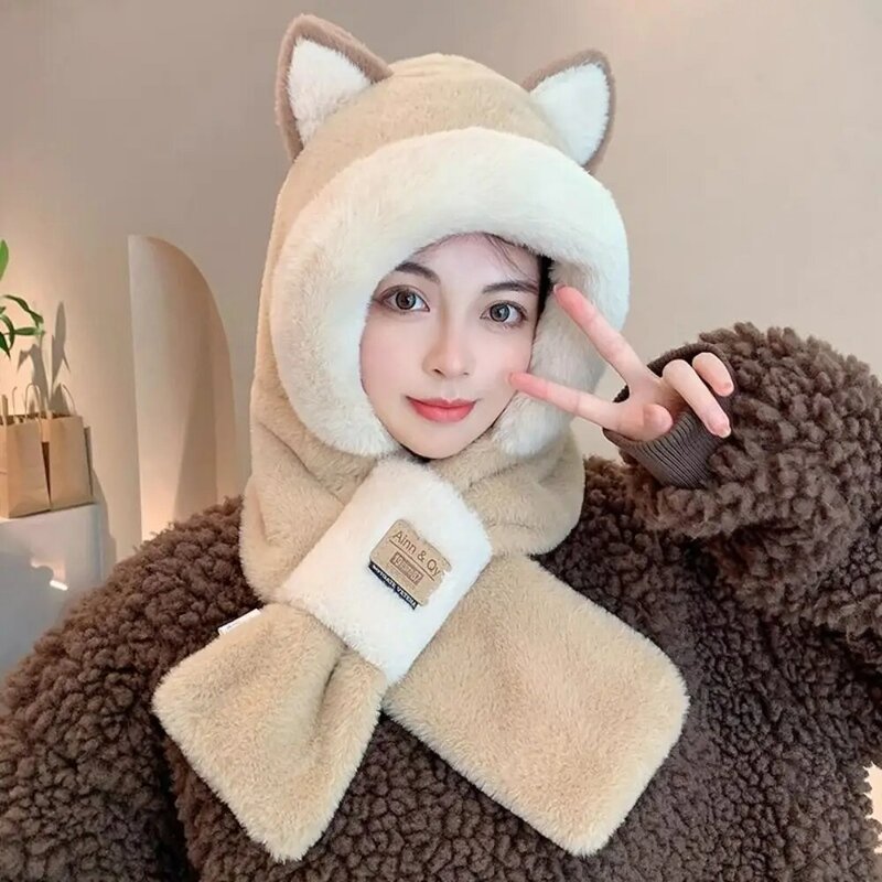 Plush Integrated Cap Scarf Soft Ear Protection Windproof Beanie Hat Scarf Thickening Hooded Scarf