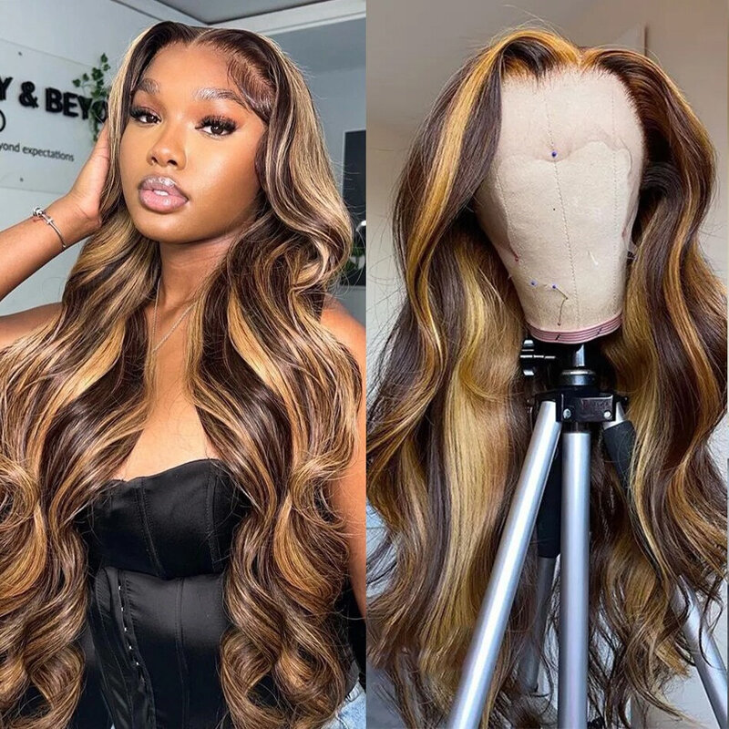 Highlight Body Wave Wig Human Hair Ombre Blonde 30 Inch Brazilian Colored 13x6 HD Transparent Lace Frontal Wig For Women