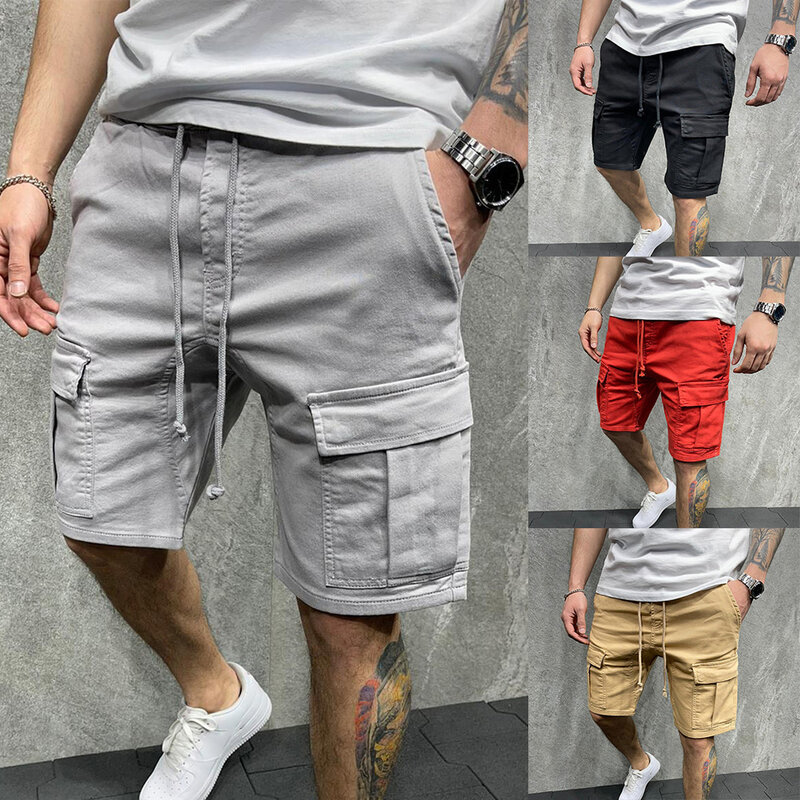 Pantalones cortos con cordón y cintura elástica para hombre, Shorts deportivos con múltiples bolsillos, cómodos, a la moda, para playa y exteriores