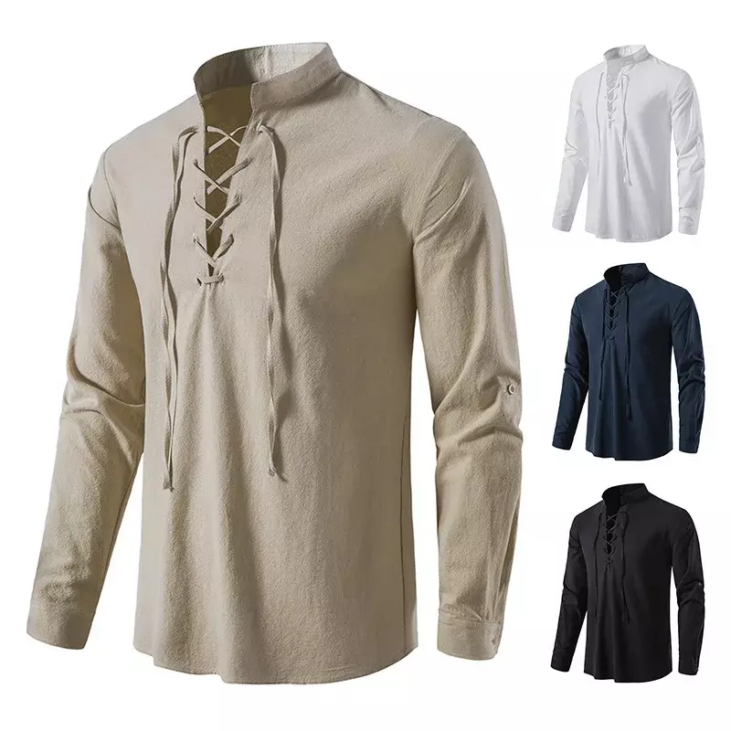 Рубашка мужская с V-образным вырезом, модная винтажная тонкая сорочка с длинным рукавом, Повседневная дышащая рубашка на шнуровке спереди, 2023