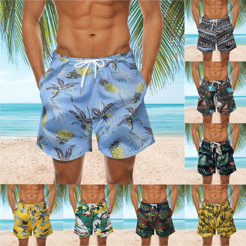 Fatos de banho masculinos com forro de malha, calça de praia curta 3D, shorts de natação masculinos, shorts de gelo de secagem rápida, 2024