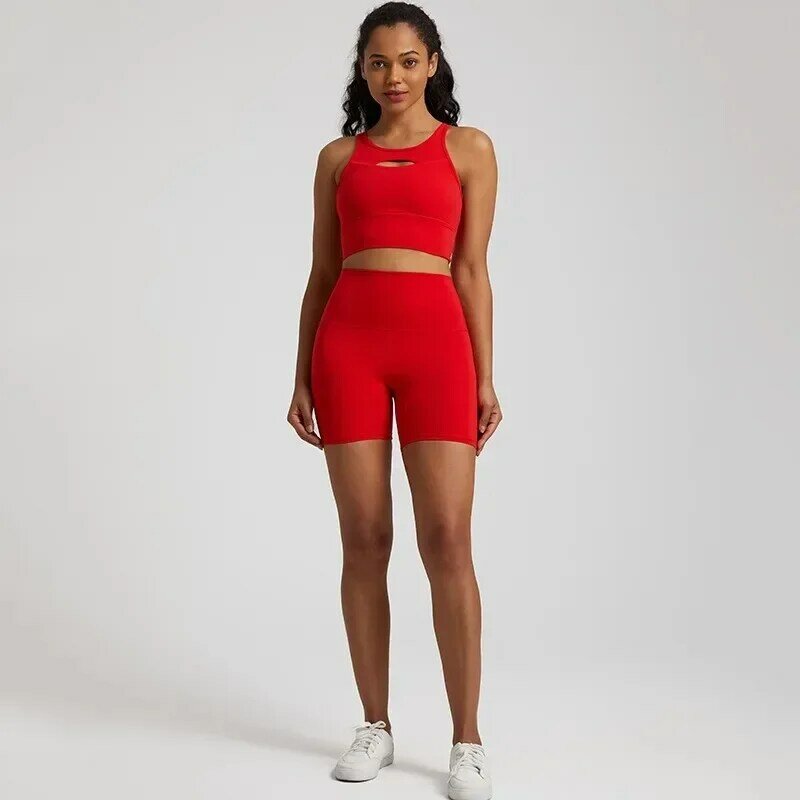 Lemon Soft Women Sport Suit High Waist Shorts Cross Fitness Bra 2pc Short Legging Yoga Set Gym Workout Training Hollow Out