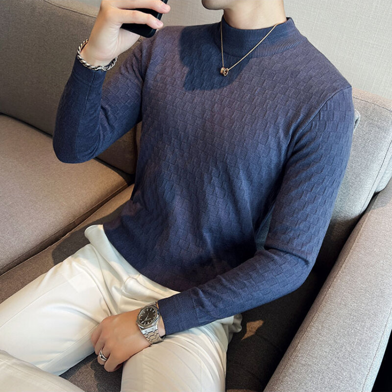 Merek Pakaian Pria Musim Dingin Tetap Hangat Setengah Leher Tinggi Rajutan Kotak-kotak Sweater Pria Slim Fit Fashion Kasual Rajut Sweater Pullover