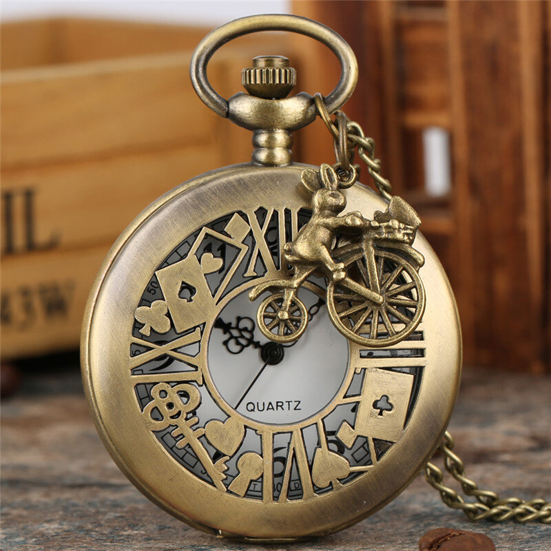 Antique Hollow Out Poker Card Cover Retro Full Hunter Quartz Pocket Watch with Necklace Chain Pendant Riding Rabbit Accessory