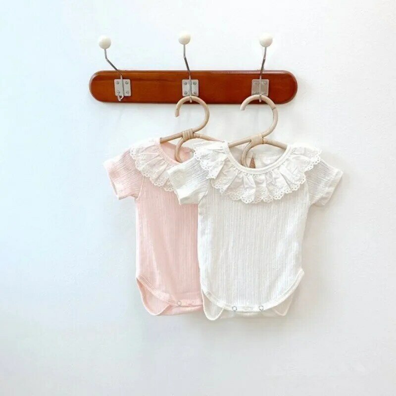 Bodysuit manga curta com gola rendada para bebê, macacão floral bonito para menina recém-nascida, criança pequena, roupas de algodão, novo verão, 0-24 m, 2024 m