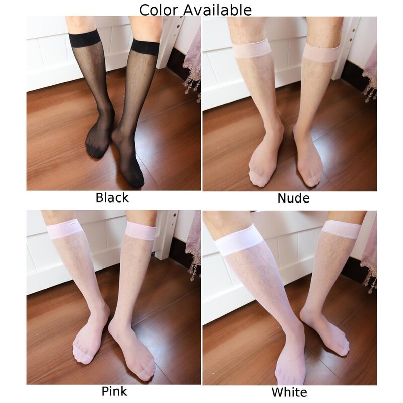 Meias altas de joelho elásticas para homens, meias invisíveis, meias de tubo puro, meias sem costura, ultra finas, transparentes, sexy