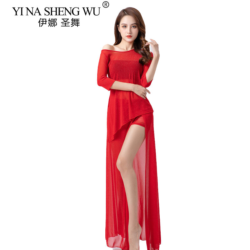 女性のためのベリーダンスコスチューム、装飾的なダンスパフォーマンスの服、セクシーなメッシュの糸のトップとスカートのセット、赤い色