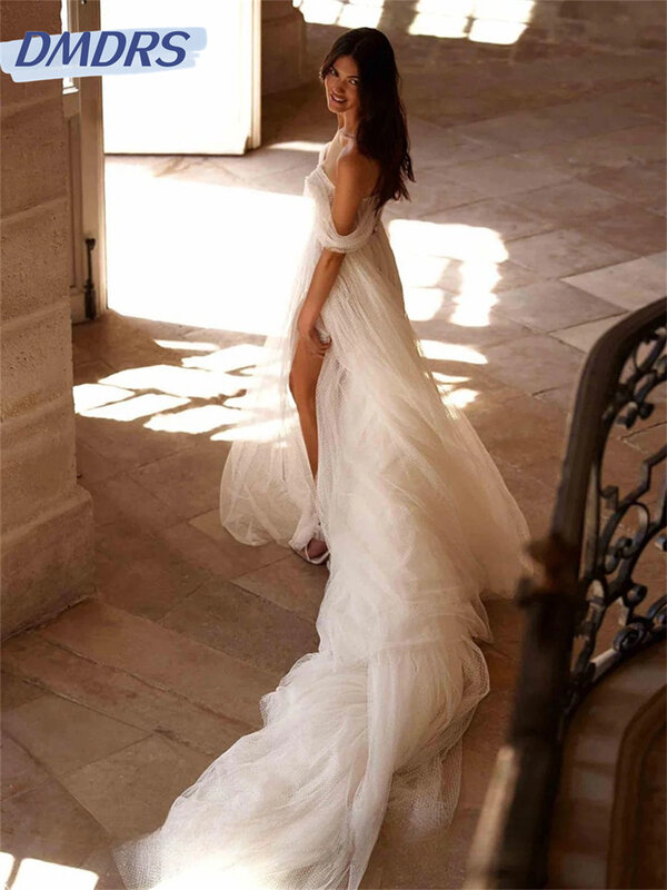 Encantador vestido de noiva fora do ombro, elegante vestido de casamento de tule, vestido até o chão, romântico, Novia, 2024
