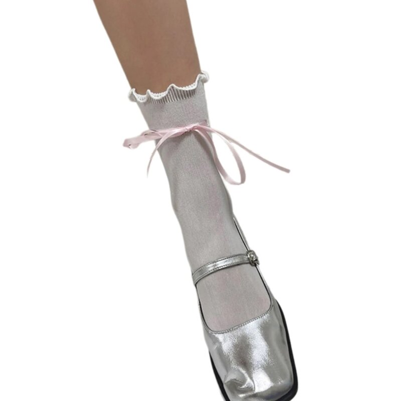 Сплошной цвет, средние носки-трубы, женские милые носки до щиколотки с рюшами и бантом на ленте