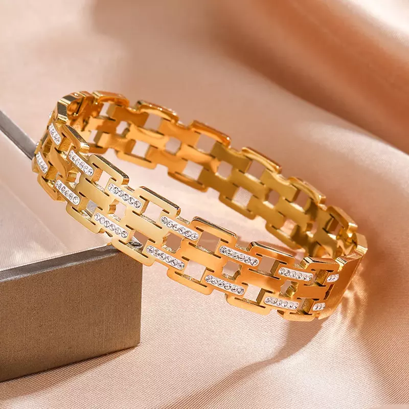 Trendy Roestvrij Staal Goud Kleur Steentjes Dubbellaags Bangles Armband Voor Vrouwen Nieuwe 18K Gouden Plaat Sieraden Pulsera