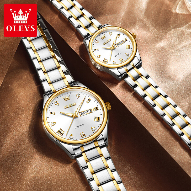 Olevs 5563 Diamant Luxe Quartz Paar Horloges Rvs Waterdicht Horloge Voor Mannen Vrouwen Dubbele Kalender Mode Handklok