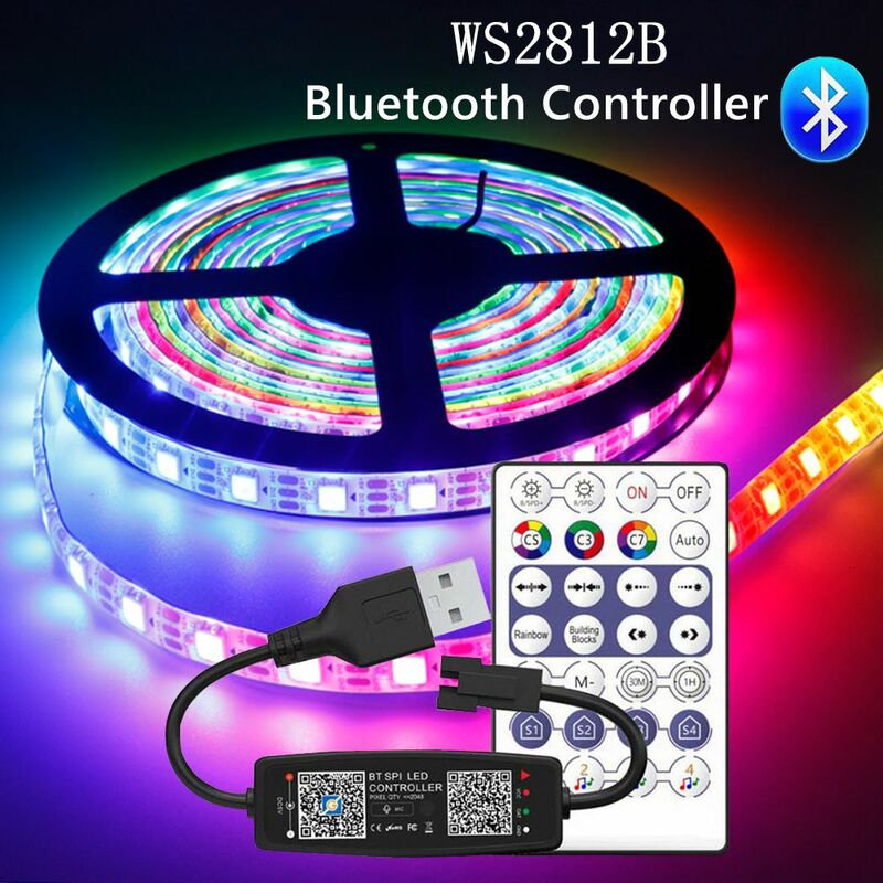 Tira de LED inteligente WS2812B, direccionable individualmente, RGB, impermeable, 28 teclas, Bluetooth, Kit de controlador de música, DC5V