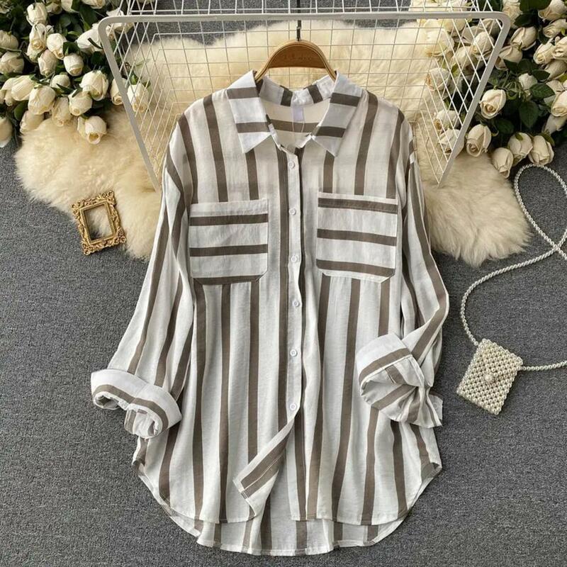 Women Vertical Stripe Shirt Trendy Women's Vertical Striped Shirt with Lapel Collar Loose Fit Casual Single for Streetwear
