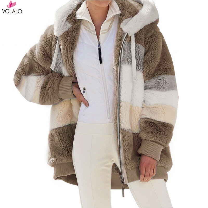Abrigo acolchado de felpa en contraste para mujer, abrigo holgado con capucha y cierre de cremallera, ropa de abrigo de varios colores para invierno, novedad de 2024