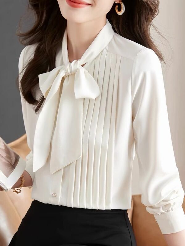 Camisa blanca de manga larga con cuello de lazo para mujer, Top de gasa a la moda, primavera 2024