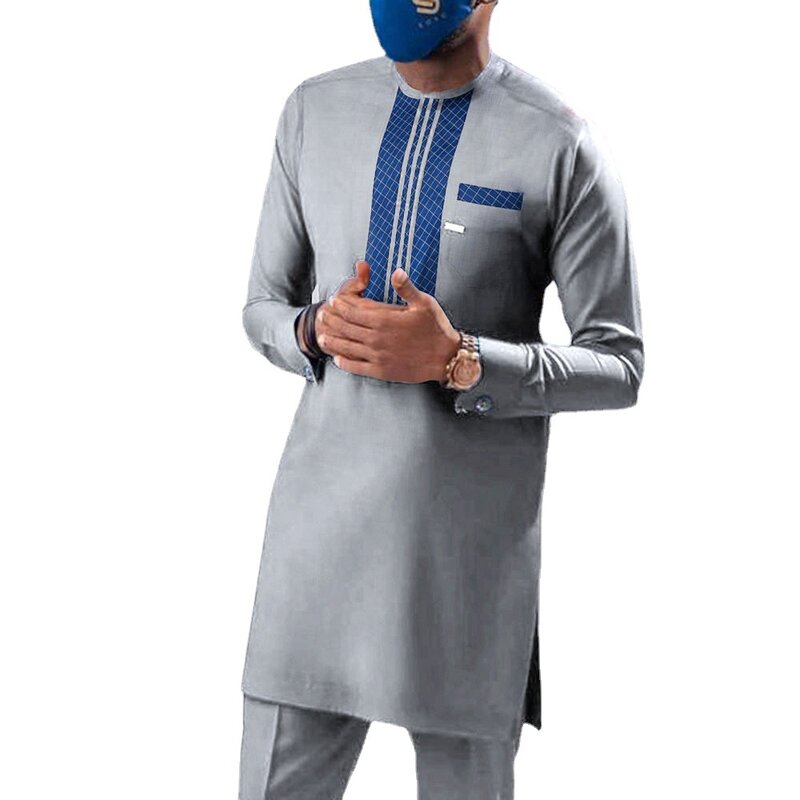 African Middle Eastern Casual Grey Slim Fit Shirt Muslim Fashion Robe Set Muslim Sets Kaftan Bonnet HommeMusulman Arab 2023
