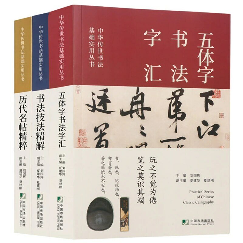 Conjunto de 3 voluminosas de técnicas y técnicas de caligrafía, idioma chino, diccionario de caligrafía