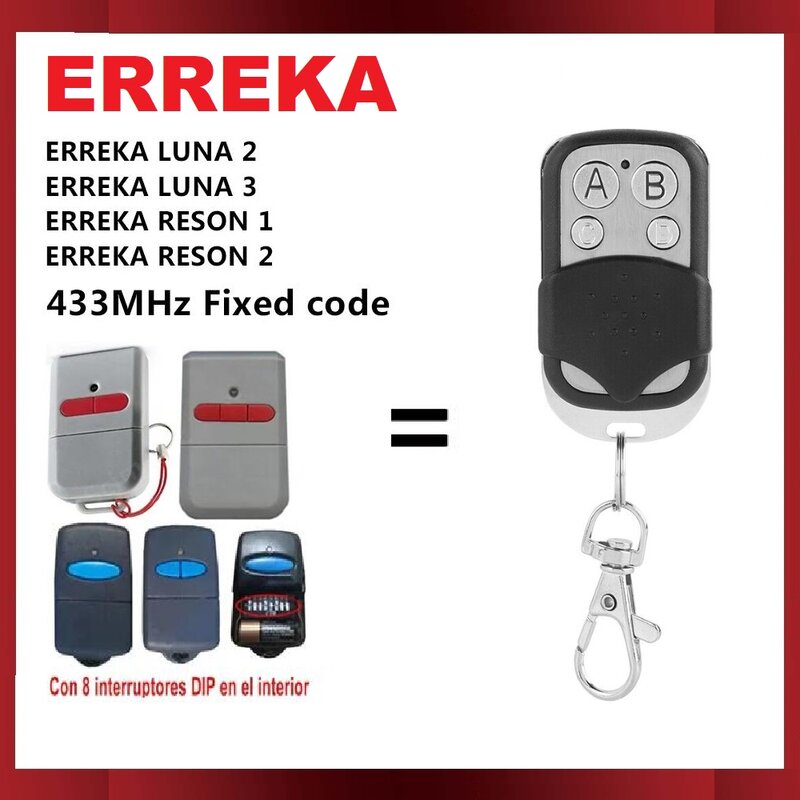 Controle Remoto para ERREKA Garagem, Clone, ERREKA, LUNA, Transmissor de Porta, ERREKA, RESON, 433,92 MHz, Código Fixo, Garagem Comando