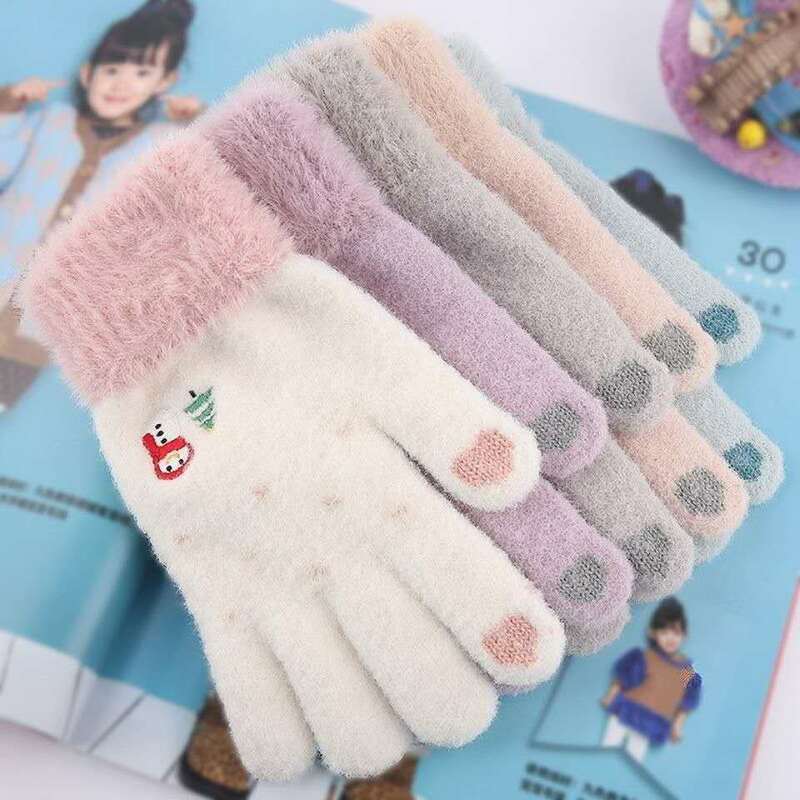 女性と女の子のための冬の手袋,柔らかい指の手袋,タッチスクリーン,美しい雪だるまの刺knitting,5本指t06