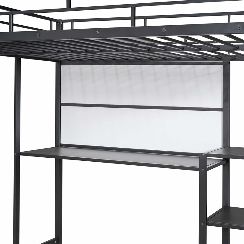 Podwójne/pełnowymiarowe łóżko na poddaszu z biurkiem i półkami do przechowywania, wytrzymałe metalowe łóżko na poddaszu z tablicą i 3-poziomowymi półkami, pełne poddasze
