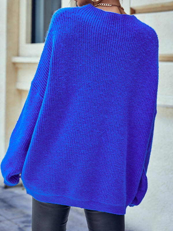 NOosgop-長袖のルーズフィットセーター,女性用の光沢のあるロイヤルブルーのセーター,ニットの縫い目が付いたゆったりとしたラウンドネック,秋冬の服,2022