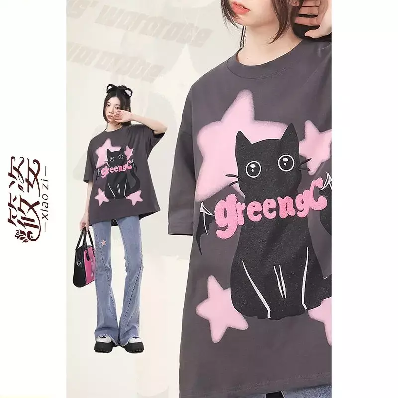 Harajuku Cotton Star Cat Women's T Shirt 2023 Summer Loose Casual Top Goth Oversized Shirts For Women Gothic Korean Y2k Tops