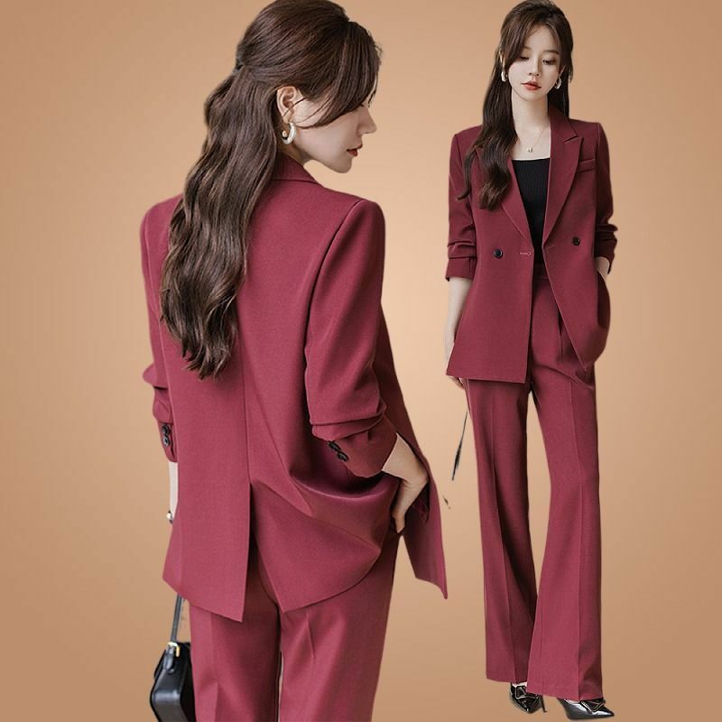 Setelan pakaian wanita, setelan kasual musim gugur 2024 edisi Korea elegan dan celana kaki lebar setelan profesional wanita
