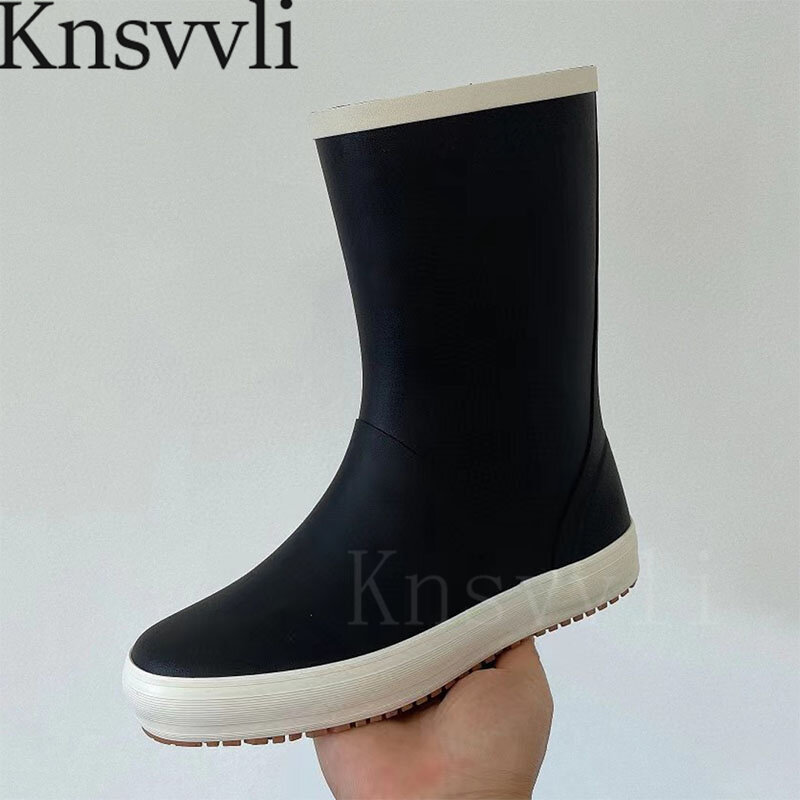 أحذية المطر المطاط الأسود للنساء ، اصبع القدم المستديرة ، أحذية قصيرة ، مقاوم للماء المطر المدرج ، حذاء مسطح