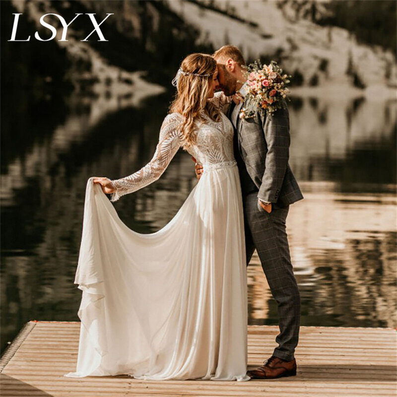 LSYX-فستان زفاف نسائي طويل الأكمام ، فستان زفاف برقبة على شكل حرف o ، بلوزة دانتيل إيليسيون ، على شكل حرف a ، زر خلفي ، ذيل محكمة ، مصنوع حسب الطلب