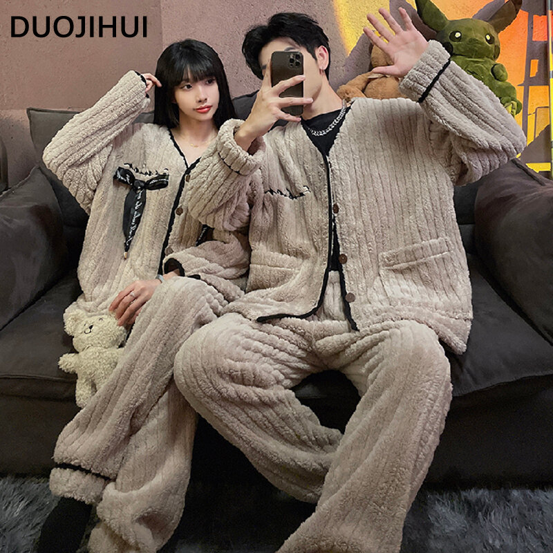 DUOJIHUI Chicly Pace-up Couple Clothes Loose Pajamas for Women Korean Style Basic V-neck Cardigan Simple Pant Female Pajamas Set