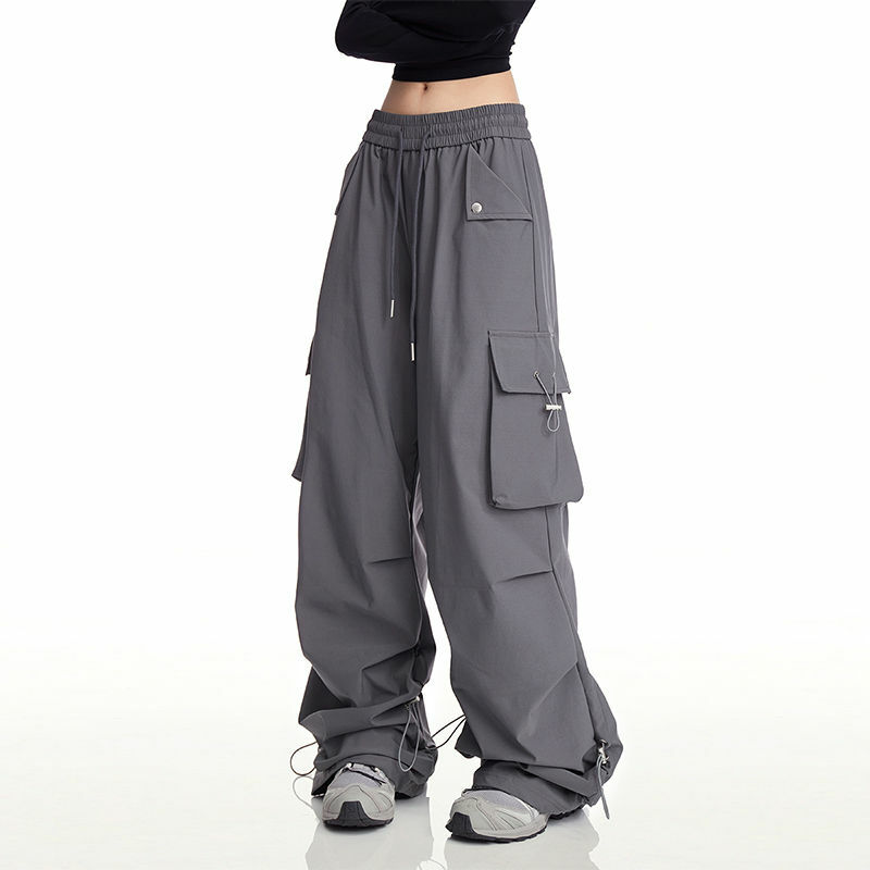 Summer Thin High Waist Loose Fashion Sports Pants Women Solid Button Pocket Drawstring Wide Leg Dancing Casual Straight Trousers