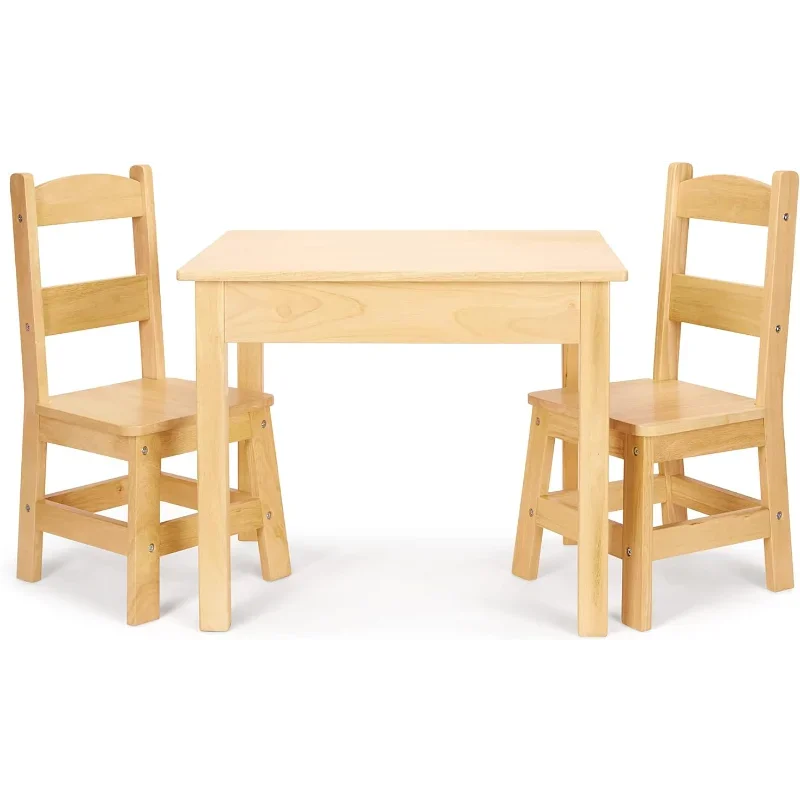 Стол из массива дерева и комплект из 2 стульев-Искусственная отделка мебели для игровой комнаты, блонд/белый