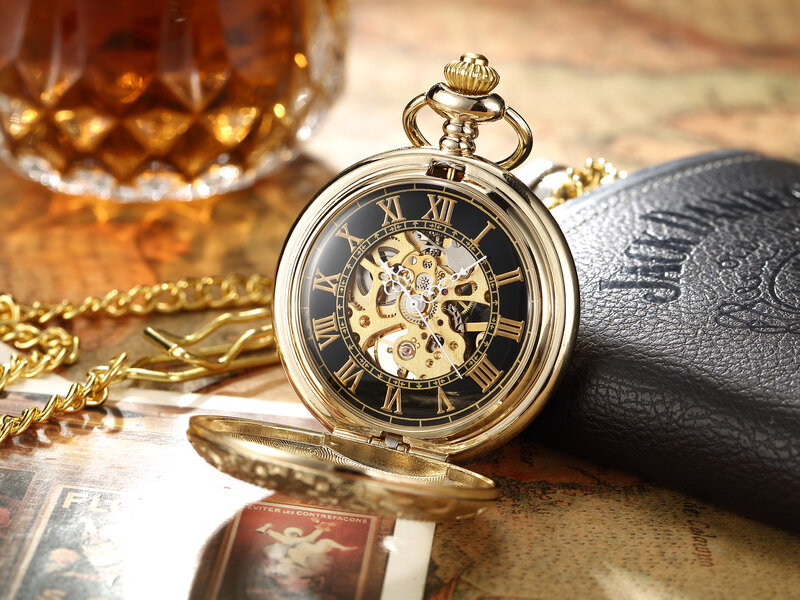 Reloj de bolsillo con esfera Steampunk hueca de bronce Vintage para hombres y mujeres, reloj mecánico de esqueleto, collar de bolsillo y Fob, cadena de reloj 2024