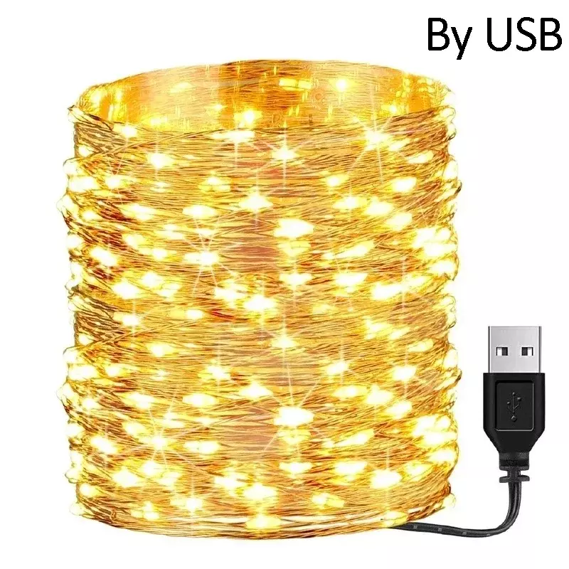 Guirnalda de luces LED impermeable con batería USB, cadena de alambre de cobre, lámpara de hadas, iluminación para Navidad, boda, fiesta, vacaciones, 5M, 10M