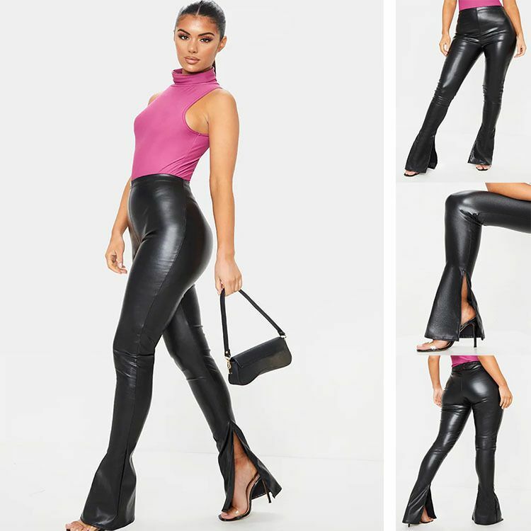 Open Crotch Sex Pants Faux Leather Bell Bottom Pants Flare Trousers High Waist Bootcut Pleather Slacks Casual Women's Clothing