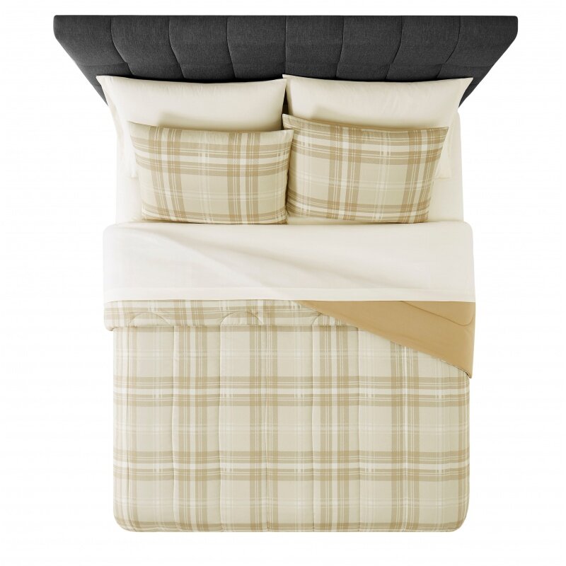 Бежевая двухсторонняя клетчатая кровать из 7 предметов в сумке, комплект одеял с простыней, двуспальная кровать