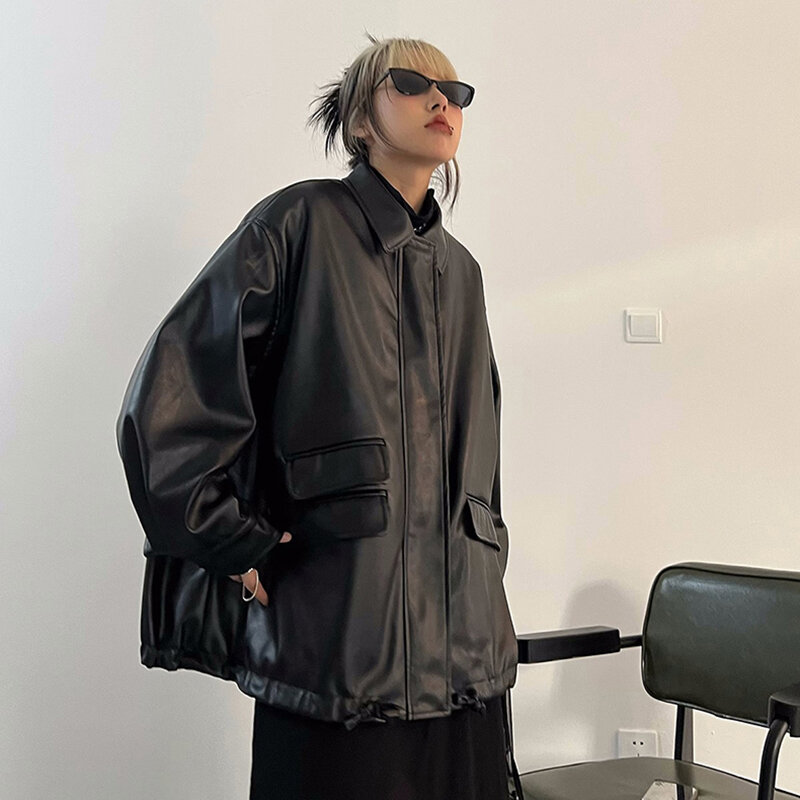 Streetwear mantel kulit imitasi Pu hitam wanita, jaket Gotik ukuran besar Y2K saku longgar pakaian luar lembut kasual wanita keren