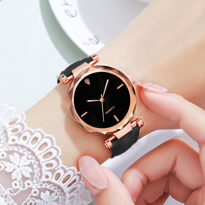 Ensemble de montre de luxe pour femme, bracelet en cuir PU, montre-bracelet à quartz pour femme, biscuits, bracelet en alliage d'or rose, cadeau pour femme, mode, 2 pièces