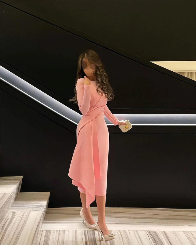 Vestido de noite curto rosa minimalista, Comprimento do chá, Manga comprida, Vestido de formatura, Festa formal, Vestido sereia, 2024