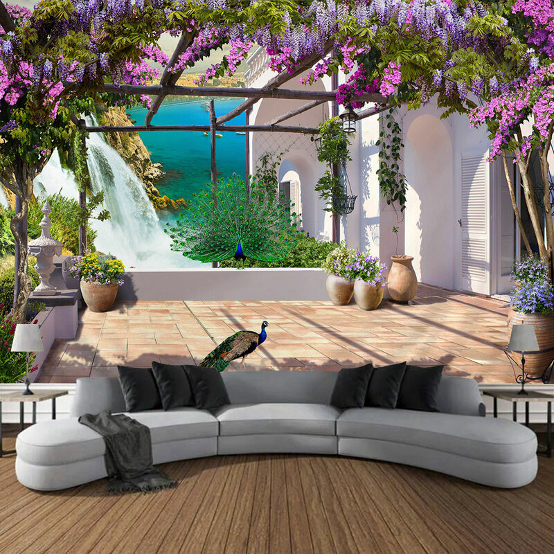 Tapiz de pared de flores rústicas italianas, paisaje mediterráneo al aire libre, colgante de pared grande, adecuado para Patio, dormitorio, decoración de arte de pared